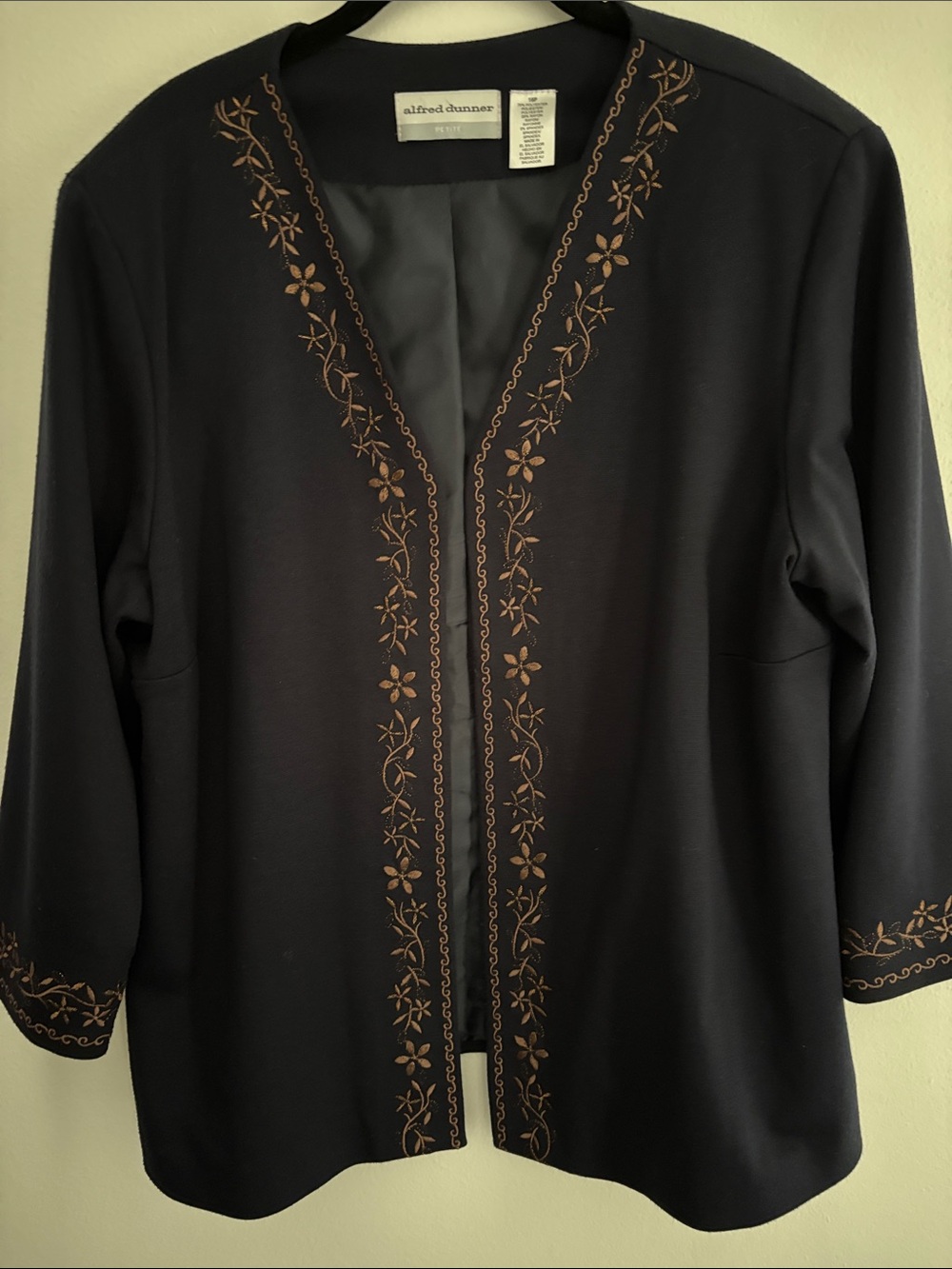 Alfred Dunner Navy Lightweight Jacket with Brown Golden Floral Embroidery 16P